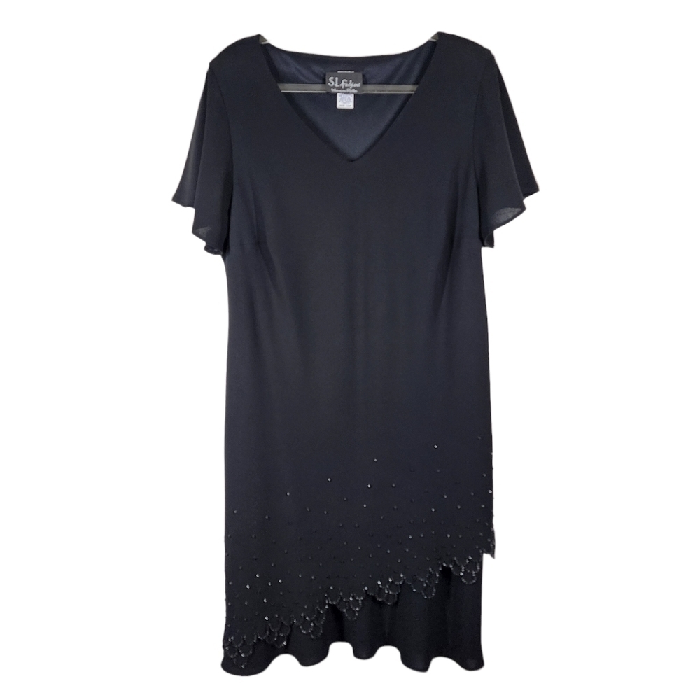 S.L. FASHIONS BEADED FLUTTER SLEEVE DRESS
